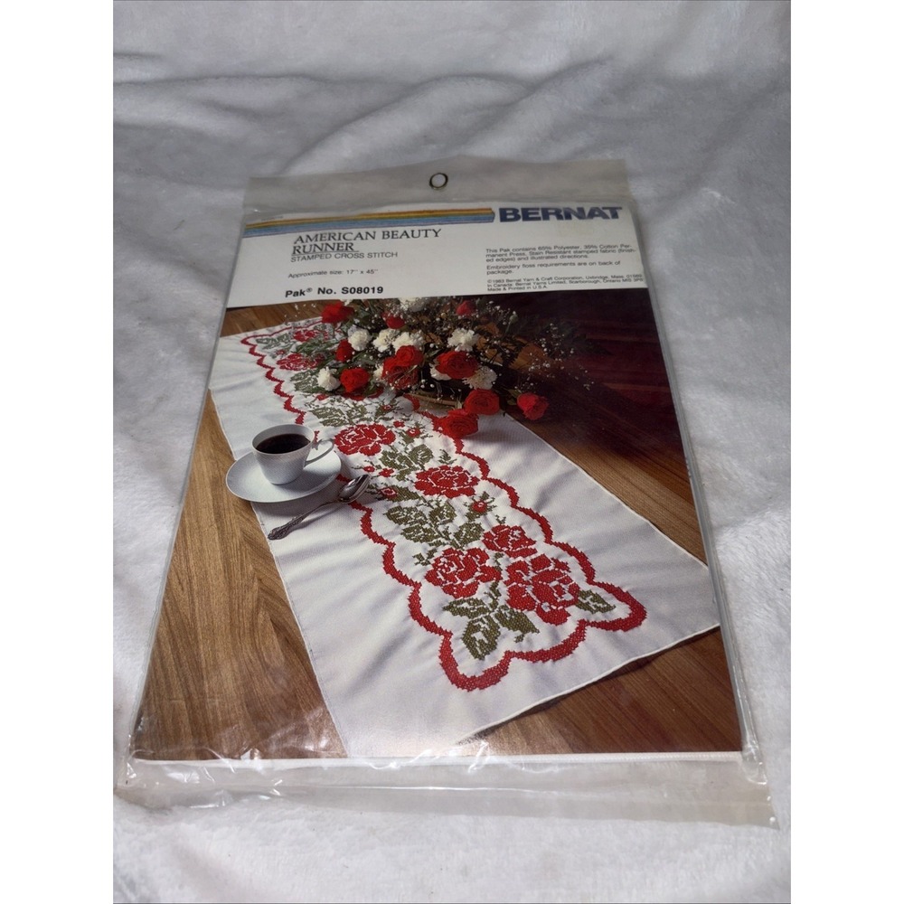 Bernat American Beauty Runner Stamped Cross Stitch Kit NOS Floss Not Inc Vtg 83